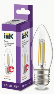 IEK свеча C35 E27 5W(600lm) 3000К 2K прозр 98х35 филамент(нитевидная) 360° LLF-C35-5-230-30-E27-CL