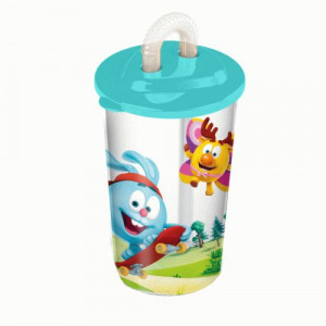 Стакан с трубочкой с декором 400 мл "СМЕШАРИКИ" голубой 431336202 Бытпласт