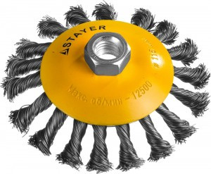 STAYER "PROFESSIONAL". Щетка коническая для УШМ, жгутированная стальная проволока 0,5мм, 115ммхМ14