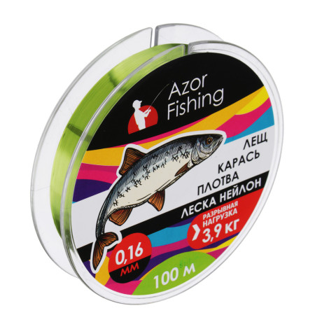 AZOR FISHING Леска "Лещ, Карась, Плотва", нейлон, 100м, 0,16мм, 3,9кг, зеленая