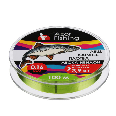 AZOR FISHING Леска "Лещ, Карась, Плотва", нейлон, 100м, 0,16мм, 3,9кг, зеленая