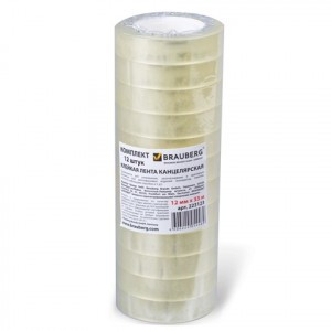 Клейкие ленты 12 мм х 33 м канцелярские BRAUBERG, комплект 12 шт., прозр., гарант. длина, 223123