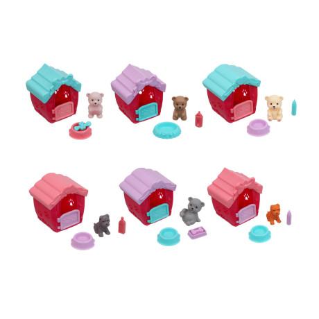 ИГРОЛЕНД Питомец в будке, щенок/медвежонок с акс., 4 пр., PVC, ABS, 6,4х5х7см, 6 видов