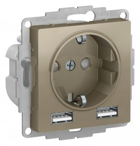 Systeme Electric AtlasDesign мех. сил. роз.+USB роз. 2 мест. шампань A+А lв=1,2-2,4А Uв=5В ATN000530