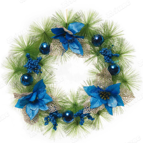 Венок новогодний Т038-4 40см голубой цветы,ягоды,шар.х24