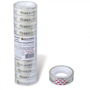 Клейкие ленты 12 мм х 10 м канцелярские BRAUBERG, комплект 12 шт., прозр., гарант. длина, 223122