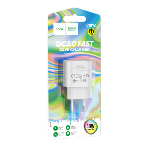 hoco. Зарядное устройство модель C109A, USB-A QC 20W, цвет: белый