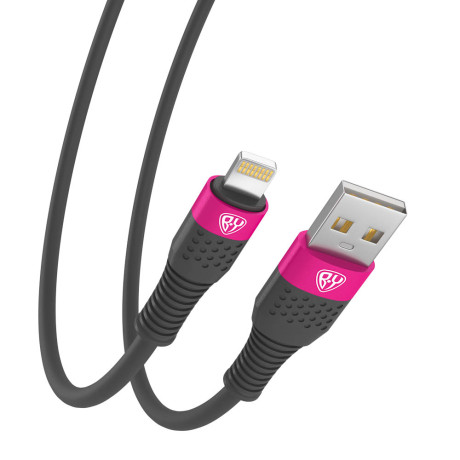 BY Кабель для зарядки Powerline iP, 1м, Быстрая зарядка 2.4А, 12W, силикон, серый+фуксия