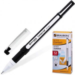 Ручка гелевая BRAUBERG "Contact", корпус черный, игольчатый пишущий узел 0,5мм, рез.держ,141185,черн