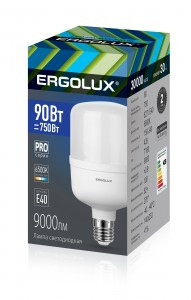 Ergolux высокомощ. E40 90W(9000lm 270°) 6500K 6K матовая 140x253 серия PRO LED-HW-90W-E40-6K