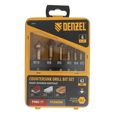 Набор зенковок, HSS, M3-M10, 6 шт, металл. кейс // Denzel