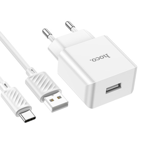 hoco. Комплект зарядное устройство с кабелем модель C106A, USB-A 10.5W, каб Type-C 1м, цвет: белый