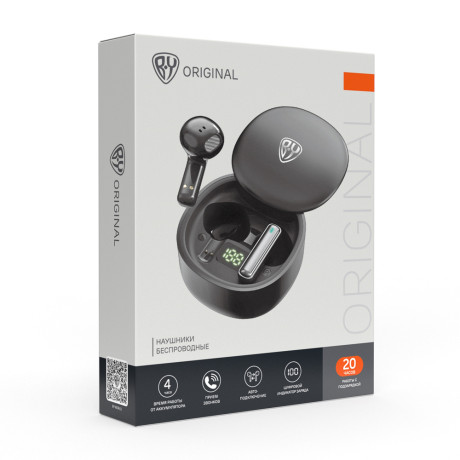 BY Наушники беспроводные TWS Rekme, индикатор заряда, вкладыши, 30/250 мАч, BT5.3, черный