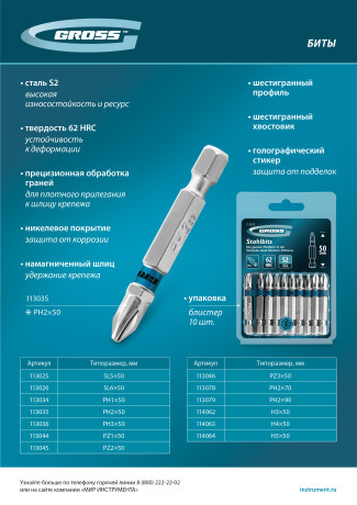Бита PH2х70мм, сталь S2, шестигр., 10 шт. Gross