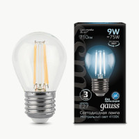 Gauss Filament лампа Шар G45 E27 9W(710lm) 4100K 4K 80x45 филамент (нитевидная) прозр.105802209