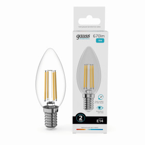 Gauss Elementary Filament Свеча Е14 10W(670lm) 4100К 98х35 филамент (нитевидная), прозр 32120