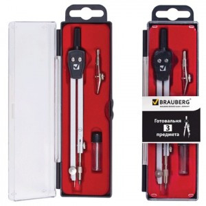 Готовальня BRAUBERG "Architect", 3предм.: циркуль со сгиб. ножк., рейсфейд. вставка, грифель, 210331