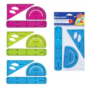 Набор чертежный средний гибкий BRAUBERG "FLEX" (линейка 20 см, треугольник, транспортир), ассорти, 2