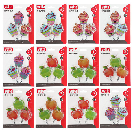 VETTA Крючки самоклеящиеся на блистере "Идиллия", 3шт, металл, пластик,  4 дизайна