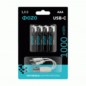Ак-р ФАЗА АAА 1000 мАч 1,5V 200 мА USB BL4 .5061668 4/40/400