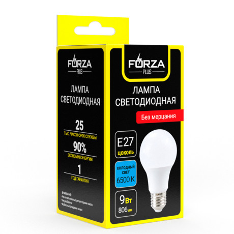 FORZA Лампа светодиодная A60 9 Вт, Е27, 806 Лм, 6500 К, 175-265 В, Ra>80, IRF <5%, 1 год гар.