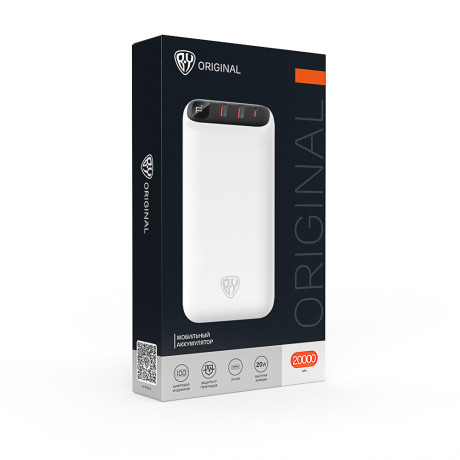 BY Аккумулятор мобильный, 20000 мАч, 2xUSB-A, 1xUSB-C, 20W, 3A, цифровой индикатор, пластик, белый