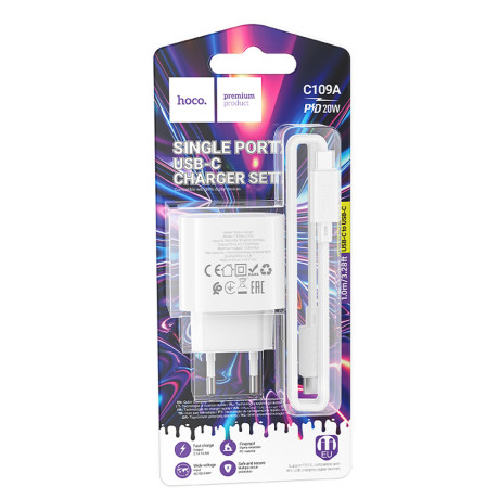 hoco. Комплект зарядное устройство с кабелем модель C109A, USB-С 20W PD, каб C-C 1м, цвет: белый
