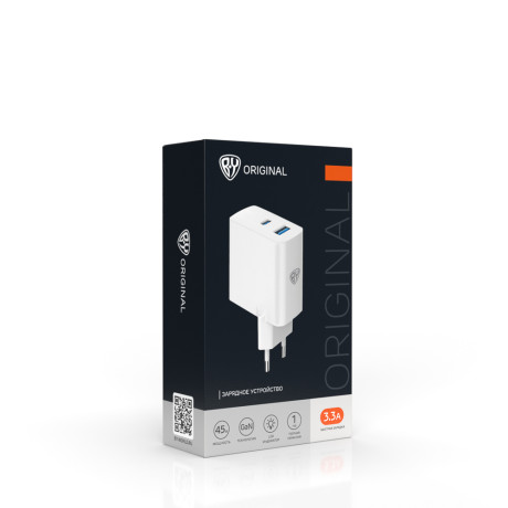 BY Сетевое зарядное устройство Powerful, Быстрая зарядка, 1хUSB, 1хType-C, 45 Вт GaN