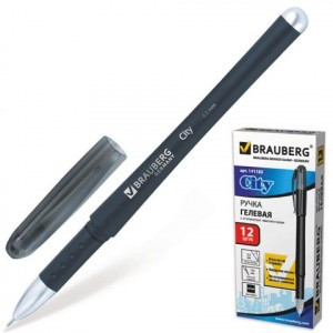 Ручка гелевая BRAUBERG "City", 0,5мм, черная, корпус черн., игольчатый пишущ. узел, рез. держ,141183