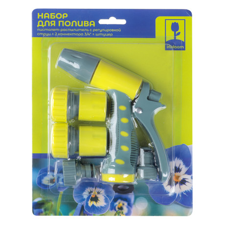 INBLOOM Набор для полива (пистолет 2 реж- 1шт., 3/4" коннектор- 2шт., 1/2"-3/4" штуцер-1шт.) ПП