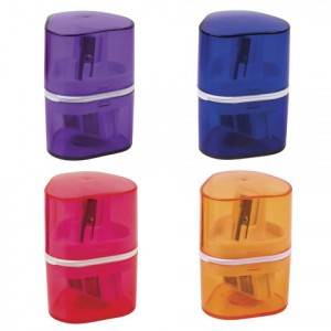 Точилка BRAUBERG "Case" с контейнером, пластиковая, треугольная, двухсторонняя, 3 отверстия, ассорти