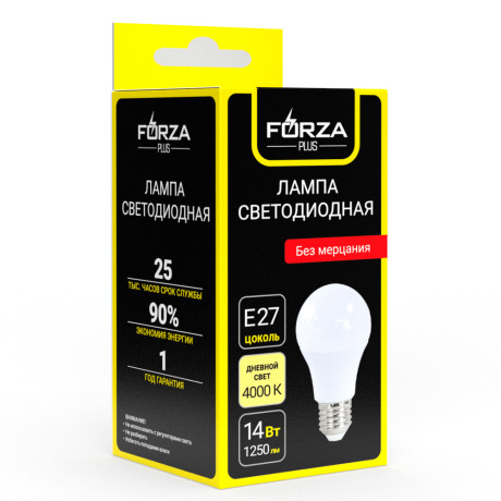 FORZA Лампа светодиодная A60 14 Вт, Е27, 1250 Лм, 4000 К, 175-265 В, Ra>80, IRF <5%, 1 год гар.