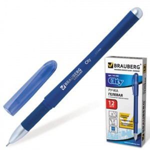 Ручка гелевая BRAUBERG "City", 0,5мм, синяя, корпус синий, игольчатый пишущий узел, рез. держ,141182