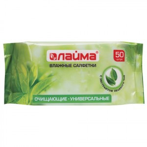Салфетки влажные 50 шт., Лайма универс., очищающие, д/всей семьи, с экстрактом зеленого чая, 128077