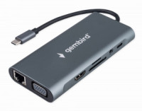 Докстанция Type-C Gembird 10в1: 3xUSB3.1, PD87W, Jack3.5, SD/TF, HDMI, RJ45, VGA, кабель15см, 22895