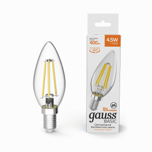 Gauss BASIC Filament лампа Свеча 4.5W(400lm) 2700К 2K E14 филамент (нитевидная) прозр. 1031115
