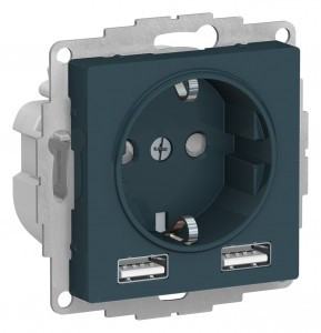 Systeme Electric AtlasDesign мех. сил. роз.+USB роз. 2 мест. изумруд A+А lв=1,2-2,4А Uв=5В ATN000830