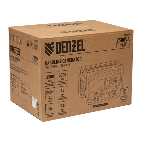 Генератор бензиновый PS 25, 2.5 кВт, 230 В, 15 л, ручной стартер Denzel