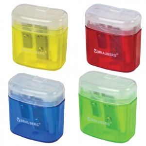 Точилка BRAUBERG "Chief" с контейнером, пластиковая, прямоугольная, 2 отверстия, с крышкой, ассорти,