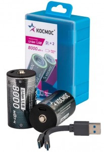 Ак-р Космос D/R20 Li-ion 1,5V 8000mWh (~5300mAh) прямой заряд через USB-C BL2 KOCR20Li8000mWh2B