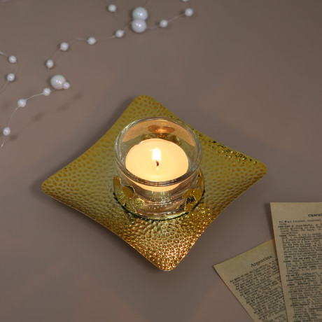 Подсвечник металлический со стеклянным стаканом для одной свечи, 10х10х3 см, арт.2