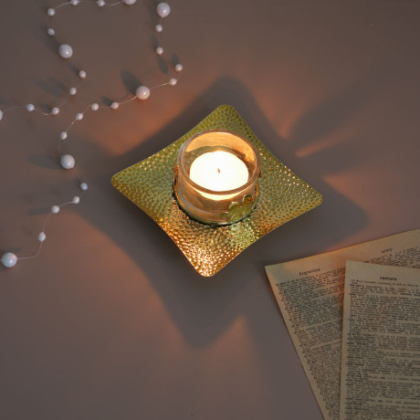 Подсвечник металлический со стеклянным стаканом для одной свечи, 10х10х3 см, арт.2