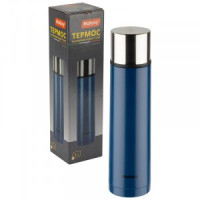 Термос BOSSOLO 1л узкое горло с кнопкой, двойн. стенка, нерж сталь, синий 106032 Mallony