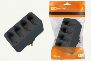 TDM разветвитель (тройник) 4 роз. 2,5 А под плоскую вилку, земля,  черный SQ1806-0303