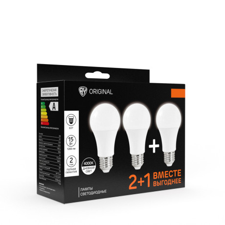 BY Лампа светодиодная 2+1шт, A60 15 Вт, E27, 1200 Лм, 4000 К, 175-265 В