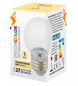 Лампа св/д Volpe шар G45 E27 1W 3000K д/гирлянды "Белт Лайт" прозрачная LED-G45-1W/3000K/E27/CL/С