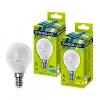 Ergolux шар G45 E14 7W(570lm 220°) 4500K 4K матовая 82x45 пластик/алюм. LED-G45-7W-E14-4K