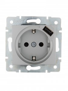 Lezard KARINA мех. роз. СУ 1 мест. 16А земля + USB, матов. серебро (корп. ABS) 707-4388-181