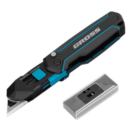 Нож-скребок складной, 19мм, сменное лезвие, SK2, 5 запас. лезвий, алюмин. корпус, клипса GROSS