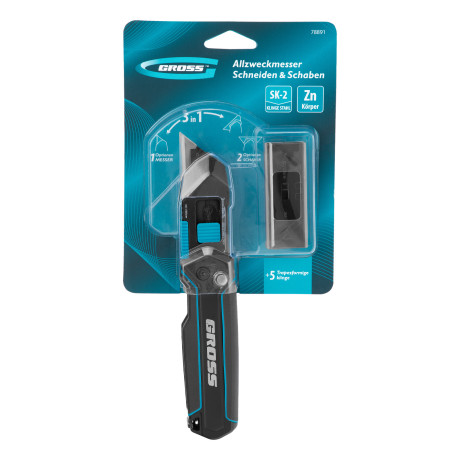 Нож-скребок складной, 19мм, сменное лезвие, SK2, 5 запас. лезвий, алюмин. корпус, клипса GROSS